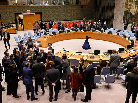 Members of the UN Security Council hold sideline meetings as they take a break at the United Nations headquarters in New York City