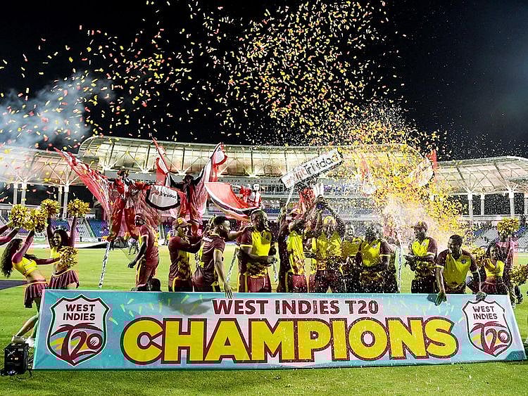 The West Indies team celebrate winning the T20I series against England