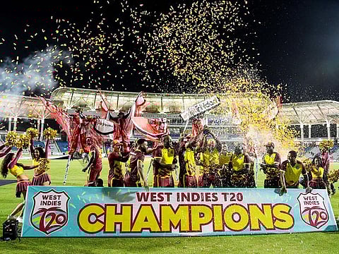 The West Indies team celebrate winning the T20I series against England at Brian Lara Cricket Academy Stadium in Tarouba, Trinidad and Tobago, on December 21, 2023. 