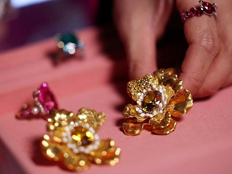 Jewellery produced from recycled and refined aluminium and sustainable lab-grown gemstones by jeweller Anabela Chan are displayed in her boutique in London. 