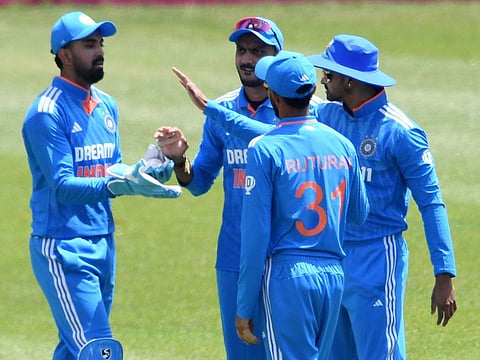India's captain K L Rahul celebrates the wicket of South Africa's David Miller during the 1st ODI at New Wanderers Stadium, in Johannesburg.