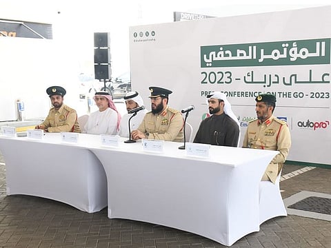 (third from right) Major General Dr Adel Al Suwaidi, Chairman of the Police Stations Board of Directors, announcing updates of the initiative on Tuesday, in the presence of other police officials and representatives from On-the-Go partnering establishments in Dubai 