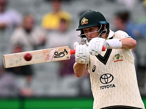 Australian batsman Marnus Labuschagne plays pull during his unbeaten 44 during the first day of the second Test against Pakistan in Melbourne on Tuesday.