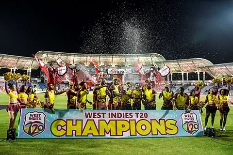 The West Indies team celebrate after winning the fifth and final Twenty20 match against England in Trinidad and Tobago last week.