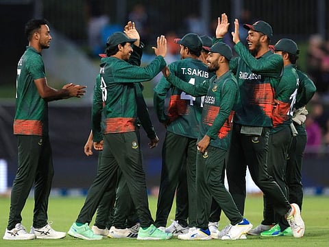 Bangladesh celebrate the dismissal of New Zealand's Mitchell Santner during the first Twenty20 in Napier on Wednesday.