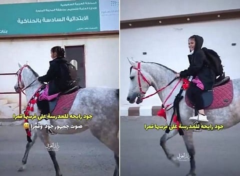 The video suggests that the child, whose exact age was not given, owns the horse. “Jud is going to school riding her horse Qamra,” reads a video caption.