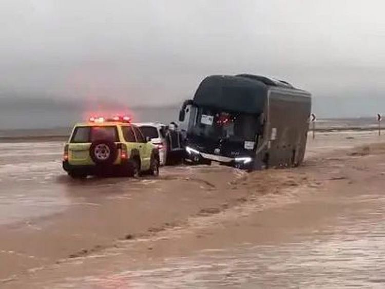 The bus that was struck in flood waters in Buraidah.