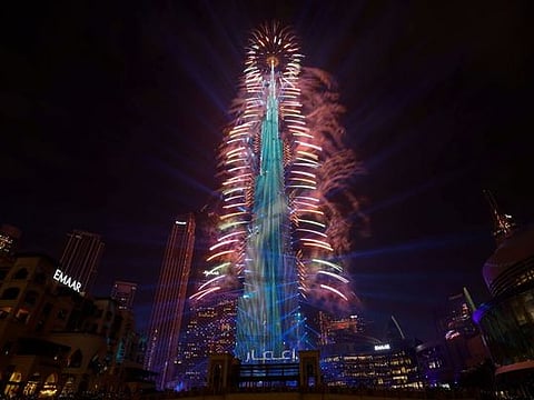 Burj Khalifa illuminates the Dubai sky with dazzling fireworks, ushering in the New Year 2024