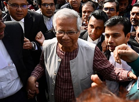 Bangladeshi Nobel peace laureate Muhammad Yunus at a court in Dhaka on January 1, 2024.  