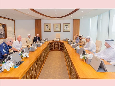  Saeed Hareb and Nasser Aman Al Rahma during a meeting with Peter Connerton and Alan Ewens at the Dubai Sports Council office.