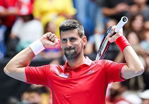 Serbia's Novak Djokovic celebrates after winning against Czech Republic's Jiri Lehecka during their men's singles at the United Cup in Perth on Tuesday.