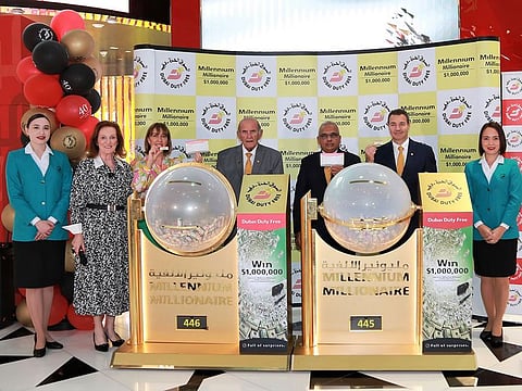 Colm McLoughlin, Dubai Duty Free Executive Vice Chairman (4th from L) during the Dubai Duty Free Millennium Millionaire Draw on Wednesday in Dubai.