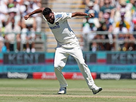 India's Mohammed Siraj celebrates after taking the wicket of South Africa's Kyle Verreynne during the first day of the second Test on Wednesday.