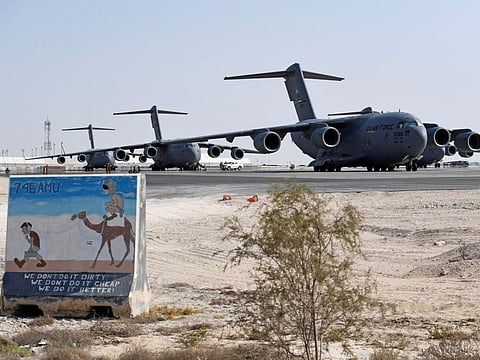 A view of US Air Force C-17 Globemaster aircraft at Al Udeid Air Base in Doha.