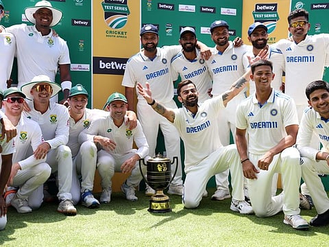 India and South Africa players during the presentation ceremony in Capte Town on Thursday.