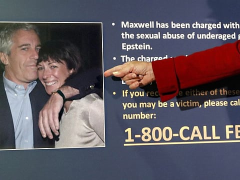 Audrey Strauss, acting United States Attorney for the Southern District of New York, points to a photo of Jeffrey Epstein and Ghislaine Maxwell during a news conference, July 2, 2020, in New York.  