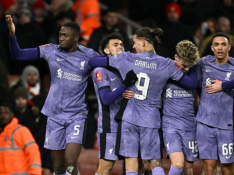 Liverpool's Luis Diaz celebrates scoring their second goal with Darwin Nunez during the FA Cup third round match against Arsenal at Emirates Stadium in London on Sunday.
