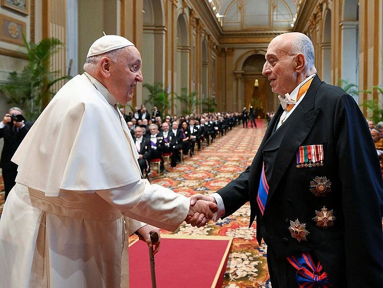 Pope Francis greets a member of the diplomatic corps accredited to the Vatican on January 8, 2024.  