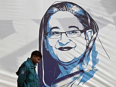 A portrait of Bangladesh's Prime Minister Sheikh Hasina, in Dhaka on January 8, 2024.  