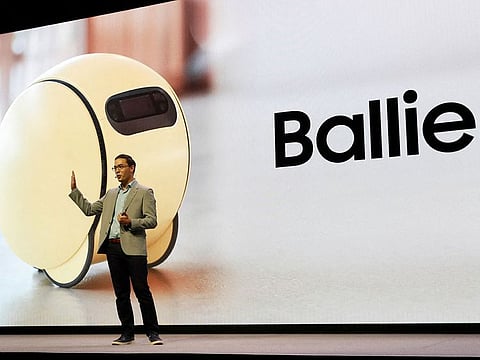 Jonathan Gabrio, Head of Connected Experience Center at Samsung Electronics America, talks about improvements to Ballie, the company's AI robot which was introduced at CES 2020, during a Samsung Electronics press conference at CES 2024, an annual consumer electronics trade show, in Las Vegas, Nevada, January 8, 2024. 