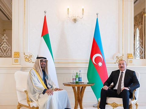 His Highness Sheikh Mohamed bin Zayed Al Nahyan, President of the United Arab Emirates (L), meets with Ilham Aliyev, President of Azerbaijan (R), during an official reception at Zagulba Presidential Residence in Baku.