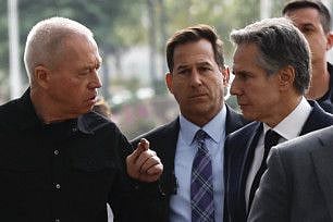 US Secretary of State Antony Blinken (right) talks with Israel's Defence Minister Yoav Gallant (left) as part of their meeting in Tel Aviv on January 9, 2024, during his week-long trip aimed at calming tensions across the Middle East, amid continuing battles between Israel and the Palestinian militant group Hamas in Gaza.  