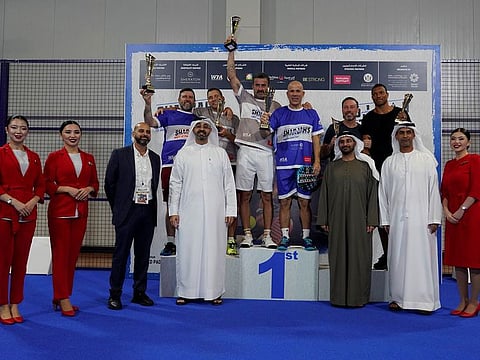 Winners and runners-up of the Legends of Padel Tour, along with officials after the end of the tournament on Wednesday.