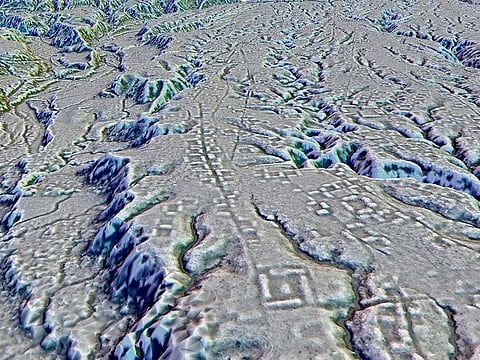 This LIDAR image provided by researchers in January 2024 shows complexes of rectangular platforms arranged around low squares and distributed along wide dug streets at the Kunguints site, Upano Valley in Ecuador.