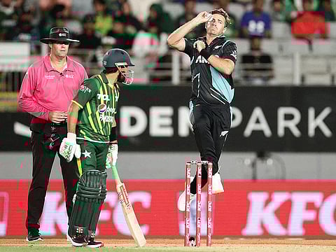 New Zealand's Tim Southee bowls during the first Twenty20 international match against Pakistan at Eden Park in Auckland on January 12, 2024. 