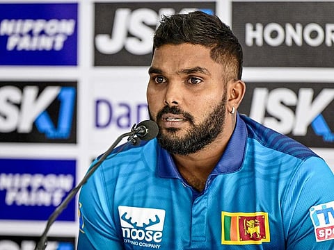 Sri Lanka's captain Wanindu Hasaranga addresses a press conference on the eve of their first Twenty20 cricket match against Zimbabwe at the R. Premadasa Stadium in Colombo on January 13, 2024.  