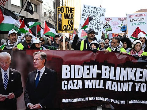 Protesters rally during the "March on Washington for Gaza" in Washington on January 13, 2024.  