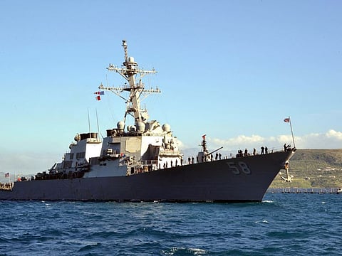 This US Navy handout photo taken on April 29, 2015 shows the USS Laboon (DDG-58) sailing into Souda Bay, Greece. The US military said on January 14, 2024 that its forces shot down a cruise missile fired at an American destroyer warship.