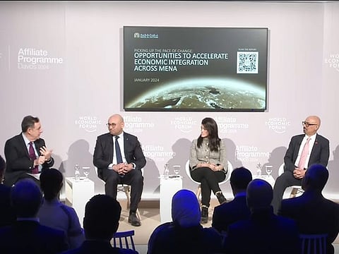 Ahmed Galal Ismail, Chief Executive Officer at Majid Al Futtaim, Dr Rania Al Mashat Egypt’s Minister of International Cooperation, and Hatem Dowidar, CEO of e& at the World Economic Forum in Davos on January 17, 2024.
