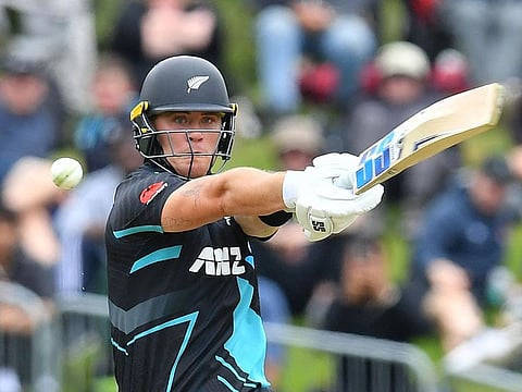 New Zealand's Finn Allen bats during the third Twenty20 international cricket match against Pakistan University Oval in Dunedin on January 17, 2024. 