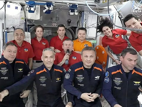 In this framegrab taken from a NASA TV broadcast, the Axiom Mission 3 (Ax-3) members (L-R, front) Commander Michael Lopez-Alegria of Spain, Pilot Walter Villadei of Italy, Mission Specialist Alper Gezeravc of Turkey and Mission Specialist Marcus Wandt of Sweden are joined by the Expedition 70 crew inside the International Space Station's (ISS) Harmony module on arrival on January 20, 2024. 