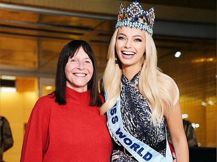 Julia Evelyn Morley CBE (left) with current Miss World Karolina Bielawska