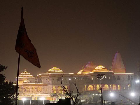 An illuminated temple of the deity Ram is pictured ahead of its opening in Ayodhya in India.