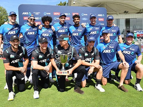 New Zealand's players pose with the trophy after winning the series against Pakistan at Hagley Oval in Christchurch on Sunday.