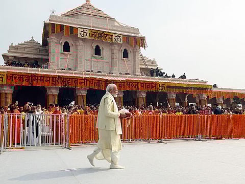 India's Prime Minister Narendra Modi arrives to attend the opening of a grand temple to Lord Ram in Ayodhya, India, January 22, 2024