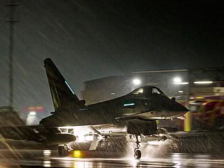 A handout picture released by the British Ministry of Defence (MOD) shows Royal Air Force Typhoon FGR4 taking off from RAF Akrotiri in Cyprus. File photo taken on January 22, 2024.