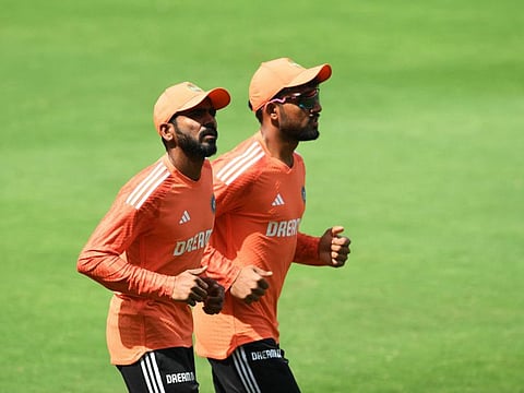 Indias Srikar Bharat (left) and Dhruv Jurel during a practice session at the Rajiv Gandhi International Cricket Stadium in Hyderabad on Tuesday.