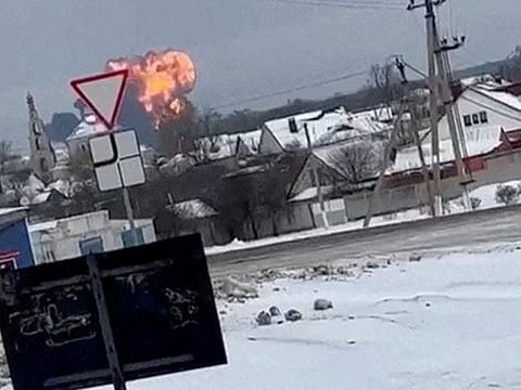 A Russian military transport plane crashes near Yablonovo, Belgorod Region, on January 24, 2024, in this screen grab from a social media video.