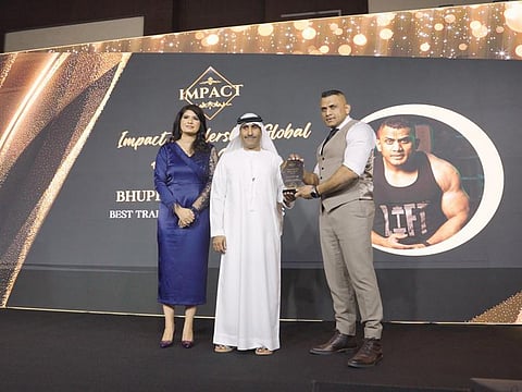 Sheikh Majed bin Sultan bin Saqr Al Qasimi with Bhupesh Kamble, CEO of AB Fitness and Nousheen Mukhtar, Founder of Impact Events and Media