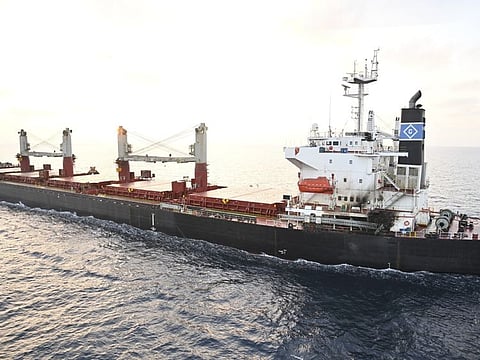 This photo provided by the Indian Navy shows US-owned ship Genco Picardy that came under attack from a bomb-carrying drone launched by Al Houthi militants in the Gulf of Aden, on January 18, 2024.  
