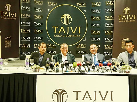 Mohammed Haneefa Thaha,  Chairman, Tajvi Gold & Diamonds briefing the press along with Haneefa Abdul Manaf, Vice Chairman; Shameer Shafi-CEO,  and Mujeeb Rahman, Managing Director. 