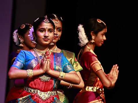 Students perform during the Indian Republic Day celebrations at the Indian Consulate General in Dubai on January 26, 2024.