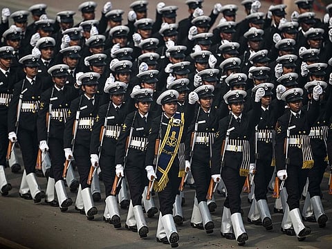 Indian Navy contingent march past during India’s 75th Republic Day parade in New Delhi on January 26, 2024. 