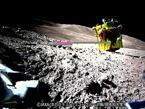 The Smart Lander for Investigating Moon (SLIM) taken by LEV-2 on the moon.