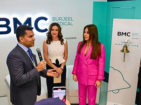 Elissar Zakaria Khoury (R), popularly known as Elissa, and Dr Shamsheer Vayalil (L), founder and chairman of Burjeel Holdings, launching Burjeel Medical City’s ‘Ring for Life’ at Arab Health in Dubai on Monday
