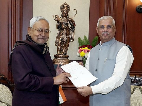 Janata Dal (United) President Nitish Kumar tenders his resignation as the Chief Minister of Bihar to State Governor Rajendra Vishwanath Arlekar, at Raj Bhavan, in Patna on Sunday. 